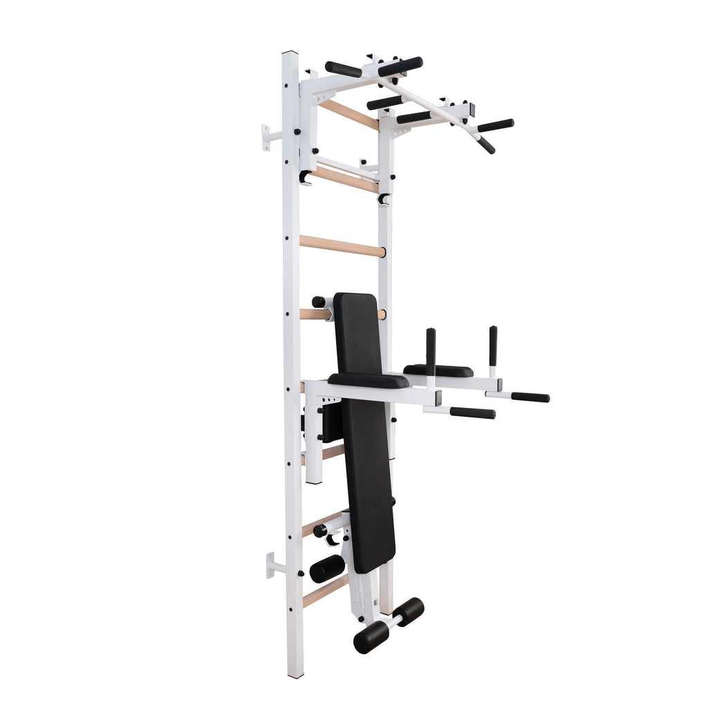 BenchK Sprossenwand 233 mit Klimmzugstange aus Stahl als Langhantelhalter, Dipstange und Trainingsbank