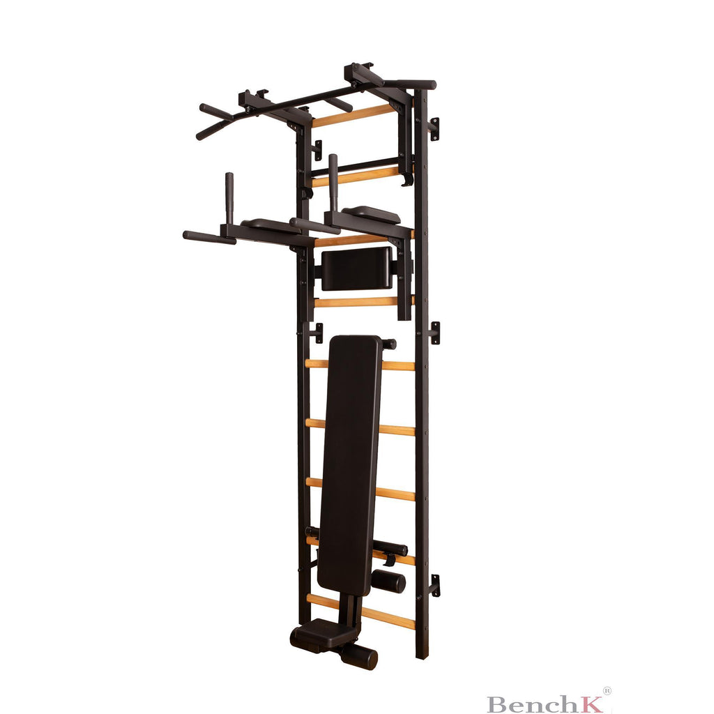 BenchK Sprossenwand 733 mit Klimmzugstange aus Stahl als Langhantelhalter, Dipstange und Trainingsbank