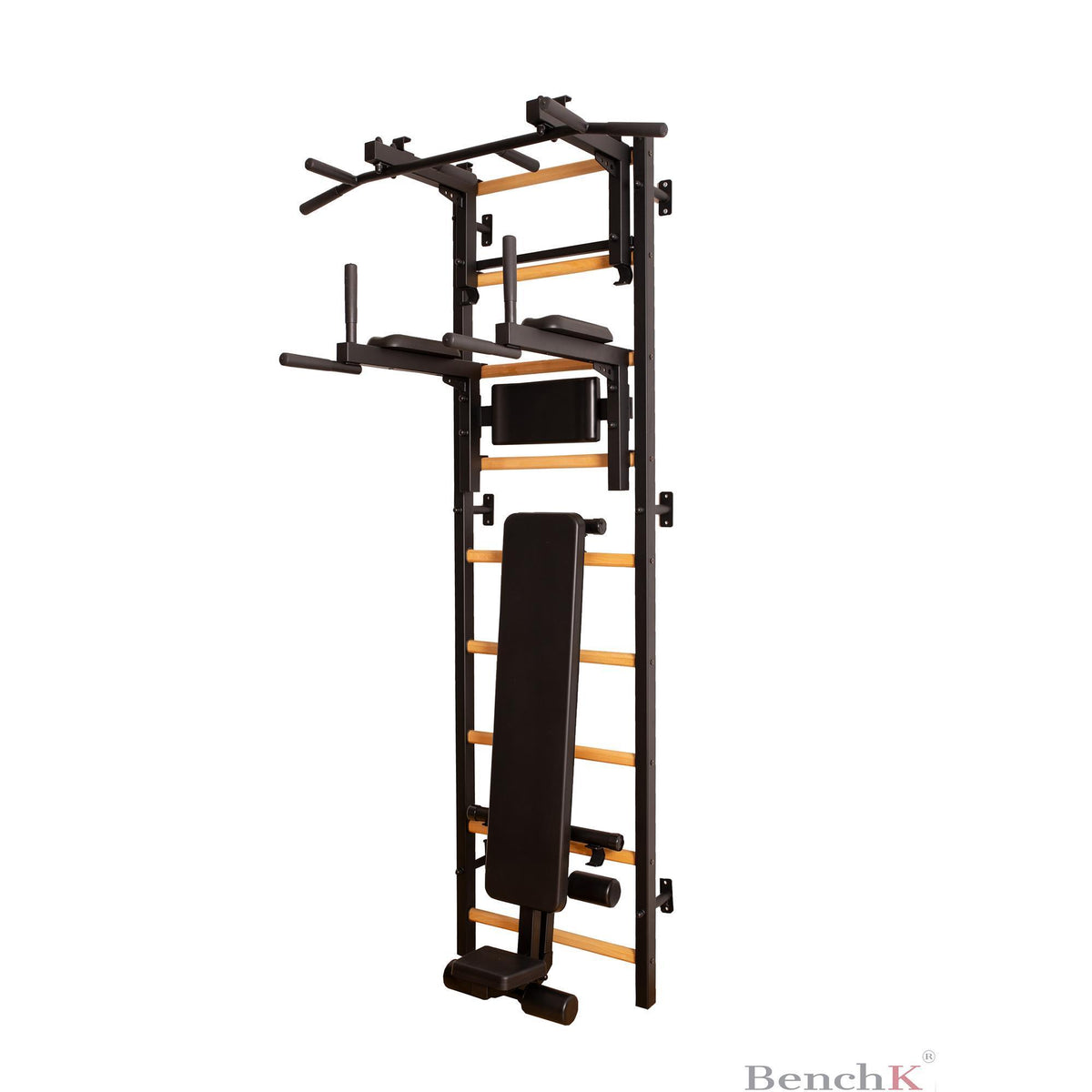 BenchK Sprossenwand 733 mit Klimmzugstange aus Stahl als Langhantelhalter, Dipstange und Trainingsbank