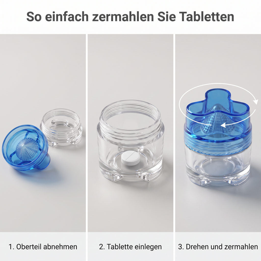 Tablettenmörser in drei Schritten: Oberteil abnehmen, Tablette einlegen, drehen und zermahlen