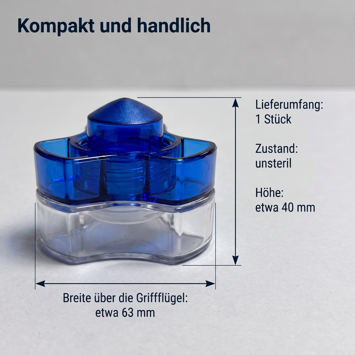 Tablettenmörser: Breite über die Griffflügel etwa 63 mm, Höhe etwa 40 mm