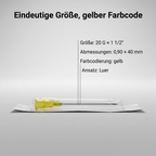 Einmalkanüle 20 G × 1 1/2": 0,90 × 40 mm, Ansatz Luer, Farbcodierung gelb (image2)