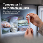 Kühlschrankthermometer in der Hand, Messbereich -20 bis +40 °C