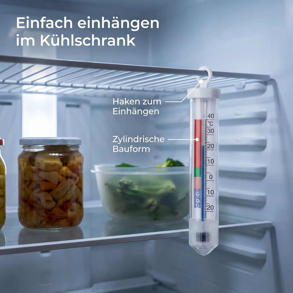 Kühlschrankthermometer am Einlegeboden eines Kühlschranks eingehängt