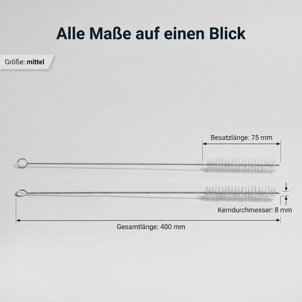 Pipettenbürste: Gesamtlänge 400 mm, Besatzlänge 75 mm, Kerndurchmesser 8 mm