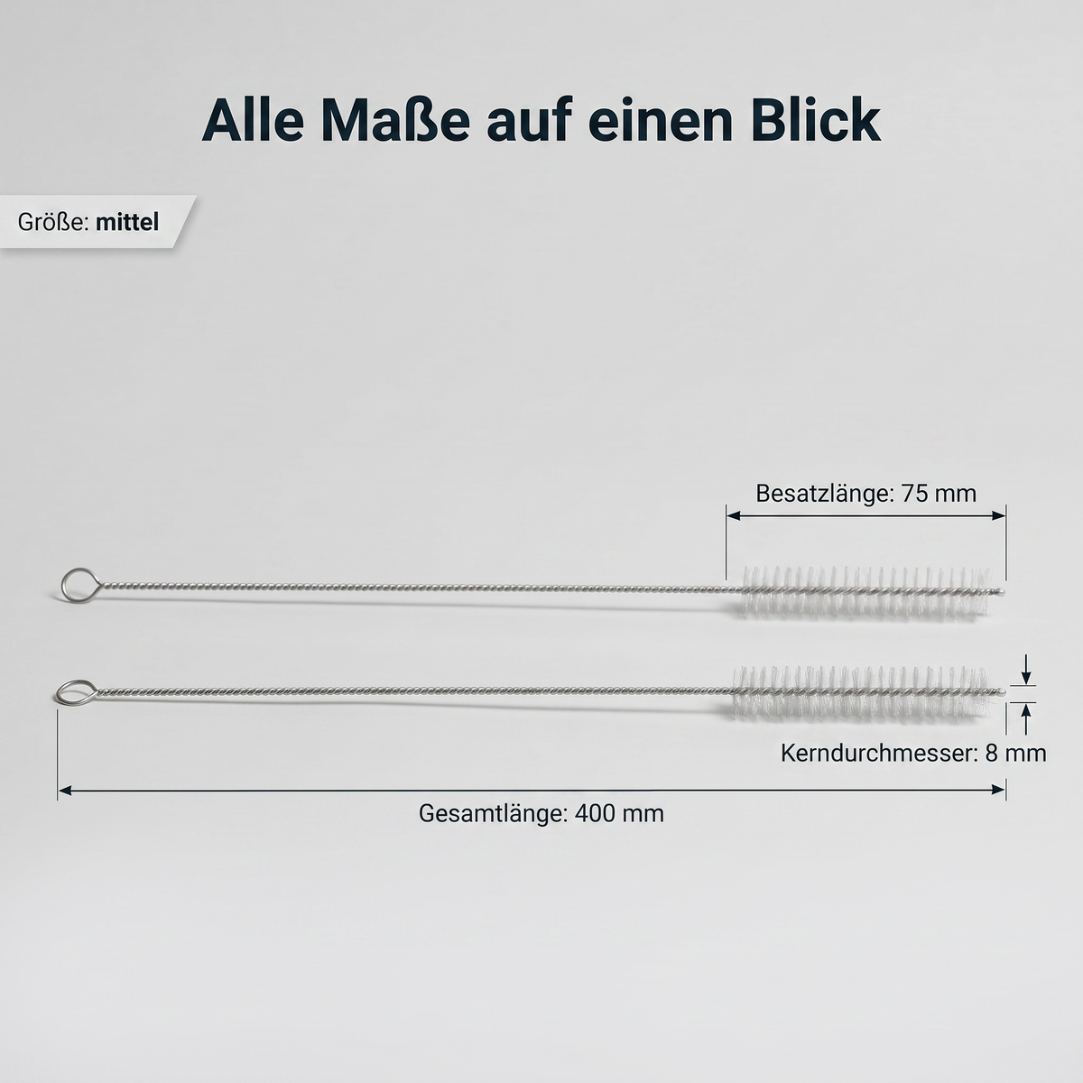 Pipettenbürste: Gesamtlänge 400 mm, Besatzlänge 75 mm, Kerndurchmesser 8 mm