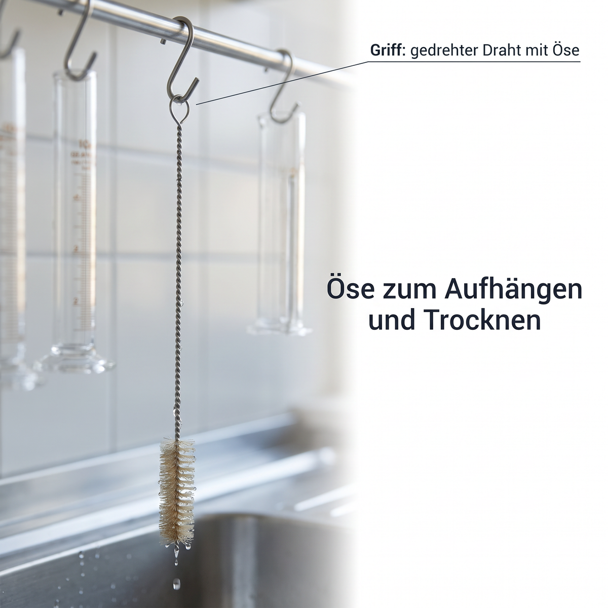 Pipettenbürste mit gedrehtem Drahtgriff und Öse zum Aufhängen
