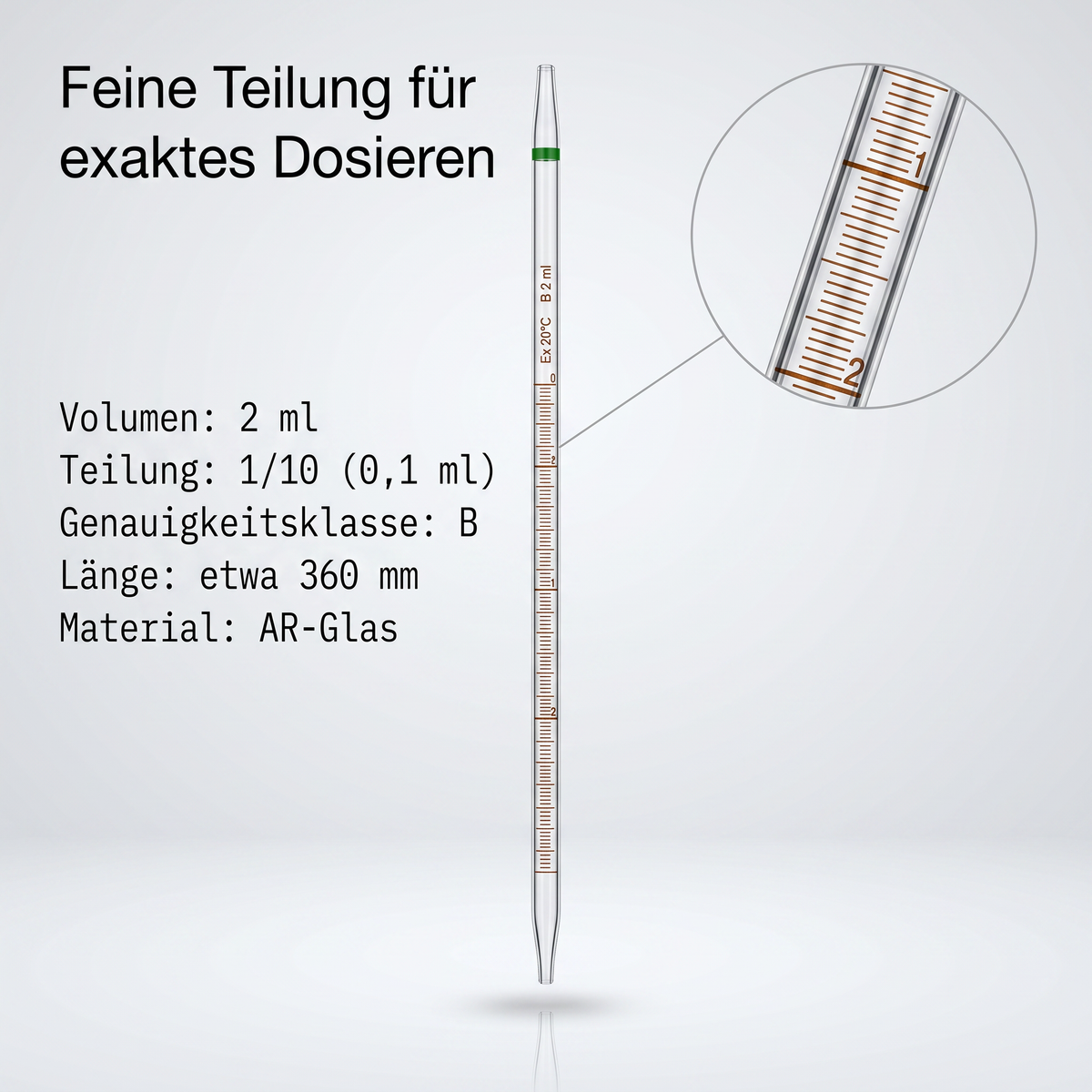 Messpipette 2 ml: Teilung 1/10, Klasse B, Länge etwa 360 mm, AR-Glas