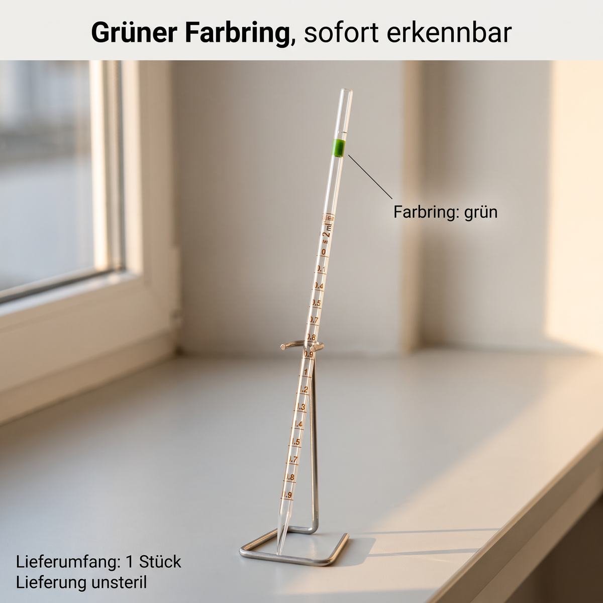 Messpipette 2 ml mit grünem Farbring, 1 Stück je Verpackungseinheit