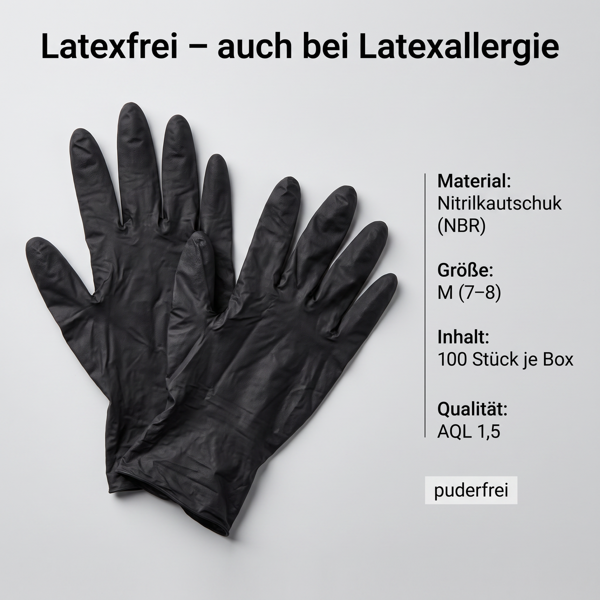Latexfrei – auch bei Latexallergie: Nitrilkautschuk (NBR), Größe M (7–8), 100 Stück je Box, AQL 1,5, puderfrei