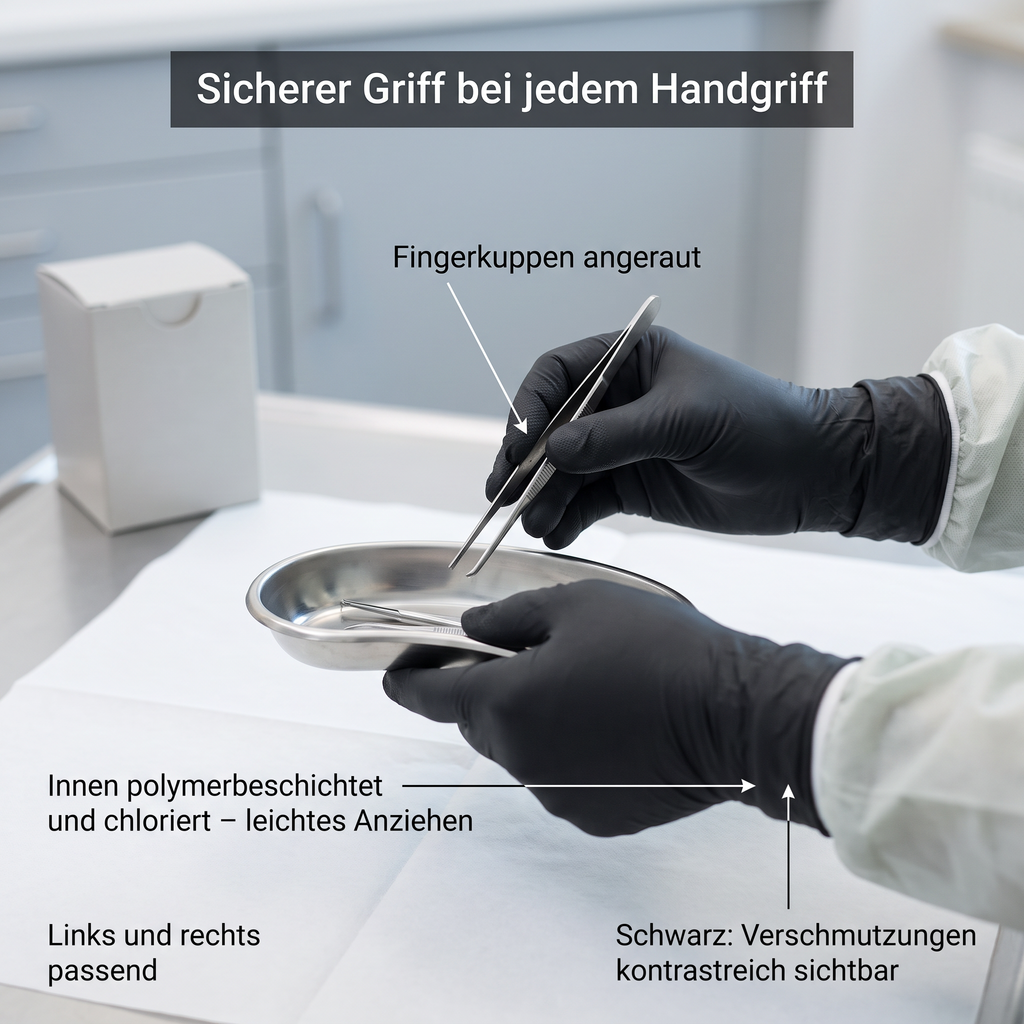 Sicherer Griff bei jedem Handgriff: angeraute Fingerkuppen, innen polymerbeschichtet und chloriert, links und rechts passend
