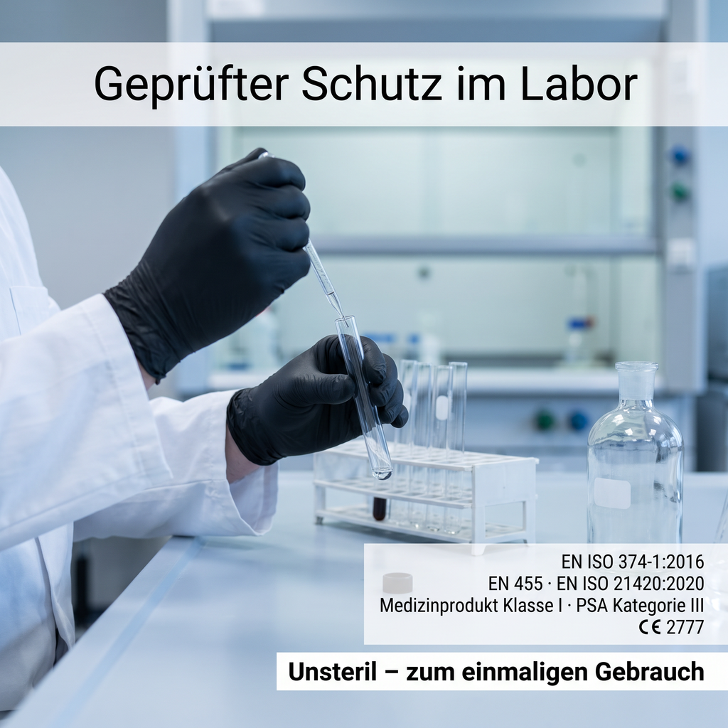 Geprüfter Schutz im Labor: EN ISO 374-1:2016, EN 455, EN ISO 21420:2020, Medizinprodukt Klasse I, PSA Kategorie III, CE 2777, unsteril