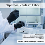 Geprüfter Schutz im Labor: EN ISO 374-1:2016, EN 455, EN ISO 21420:2020, Medizinprodukt Klasse I, PSA Kategorie III, CE 2777, unsteril