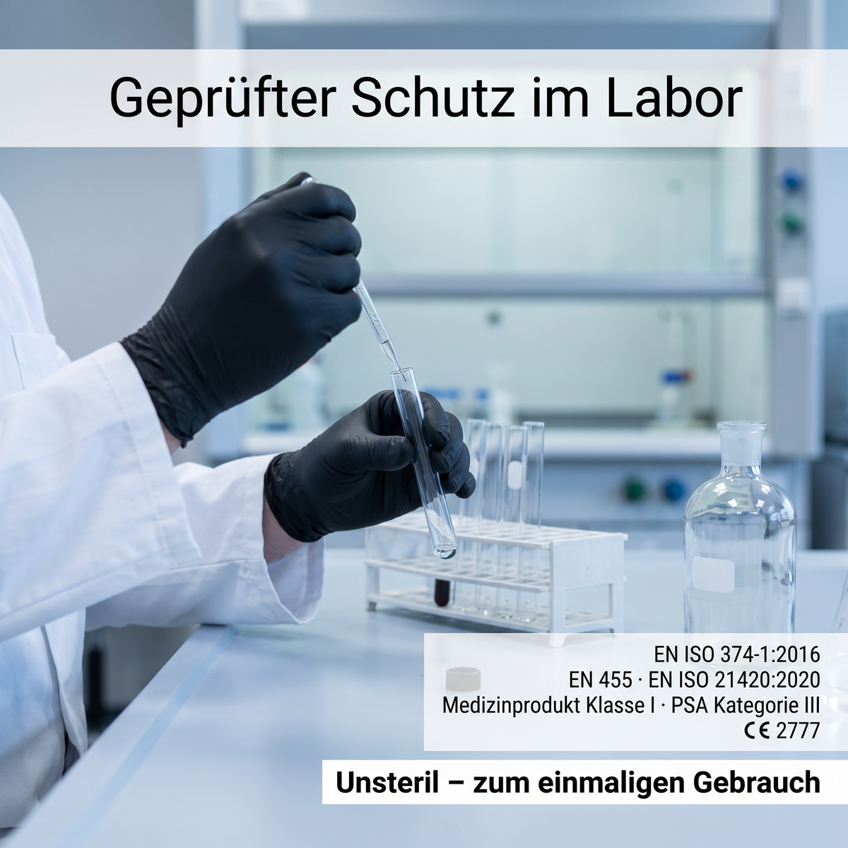 Geprüfter Schutz im Labor: EN ISO 374-1:2016, EN 455, EN ISO 21420:2020, Medizinprodukt Klasse I, PSA Kategorie III, CE 2777, unsteril