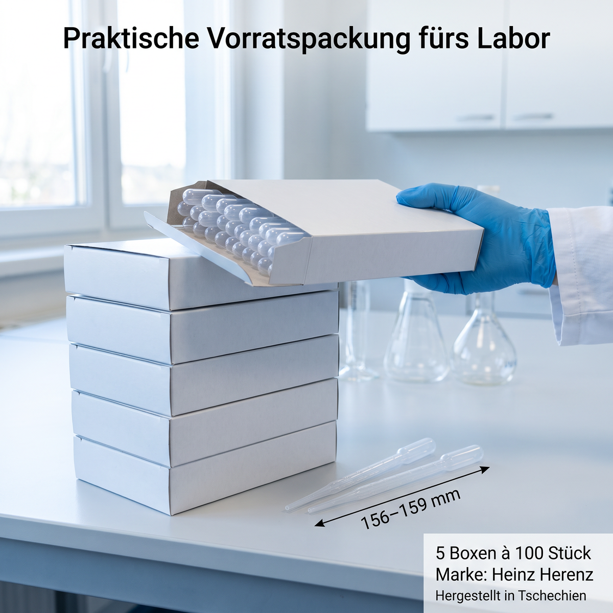 Heinz Herenz Pasteurpipetten 3 ml mit Kleinbulb, aus Polyethylen (PE), zum Umfüllen und Abmessen, unsteril, LD-PE transparent, Tropfpipetten, 156-159 mm — Vorratspackung: 5 Boxen a 100 Pasteurpipetten