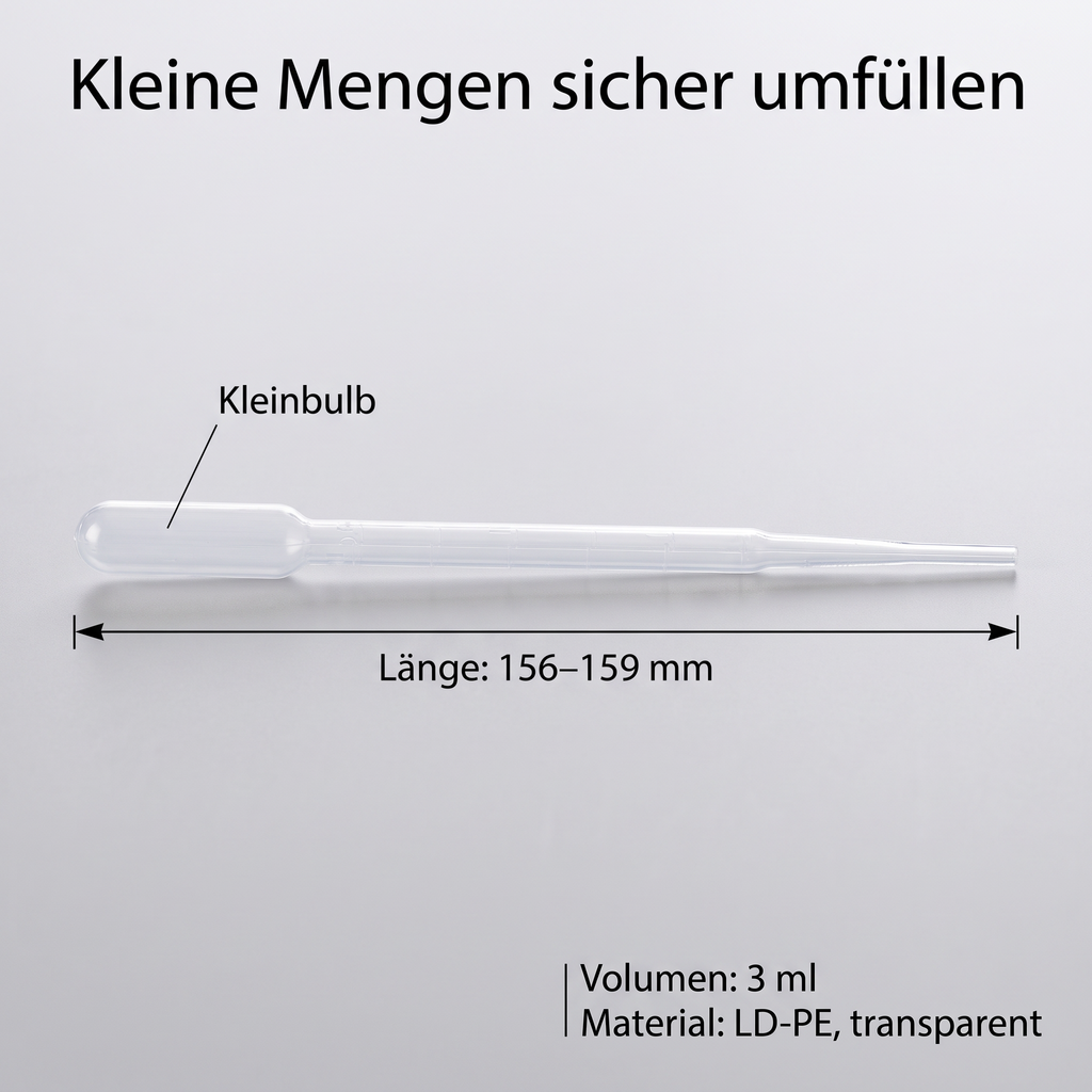 Heinz Herenz Pasteurpipetten 3 ml mit Kleinbulb, aus Polyethylen (PE), zum Umfüllen und Abmessen, unsteril, LD-PE transparent, Tropfpipetten, 156-159 mm — Pasteurpipette 3 ml mit Kleinbulb, Laenge 156-159 mm