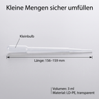 Heinz Herenz Pasteurpipetten 3 ml mit Kleinbulb, aus Polyethylen (PE), zum Umfüllen und Abmessen, unsteril, LD-PE transparent, Tropfpipetten, 156-159 mm — Pasteurpipette 3 ml mit Kleinbulb, Laenge 156-159 mm