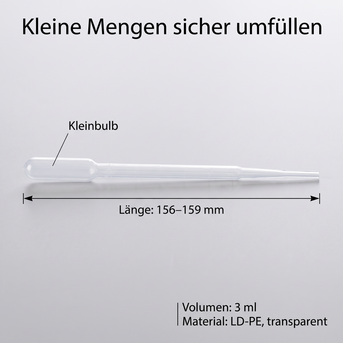 Heinz Herenz Pasteurpipetten 3 ml mit Kleinbulb, aus Polyethylen (PE), zum Umfüllen und Abmessen, unsteril, LD-PE transparent, Tropfpipetten, 156-159 mm — Pasteurpipette 3 ml mit Kleinbulb, Laenge 156-159 mm