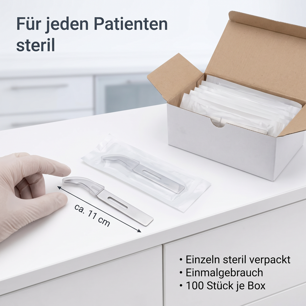 Heinz Herenz Fadenmesser lang ca. 11 cm aus rostfreiem Stahl — Fadenmesser einzeln steril verpackt, 100 Stueck je Box