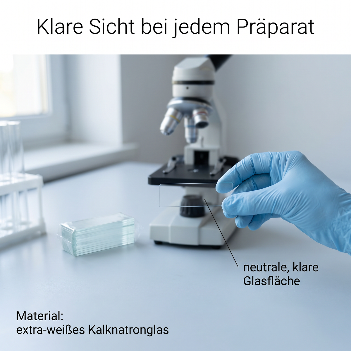 Objektträger aus extra-weißem Kalknatronglas am Mikroskop