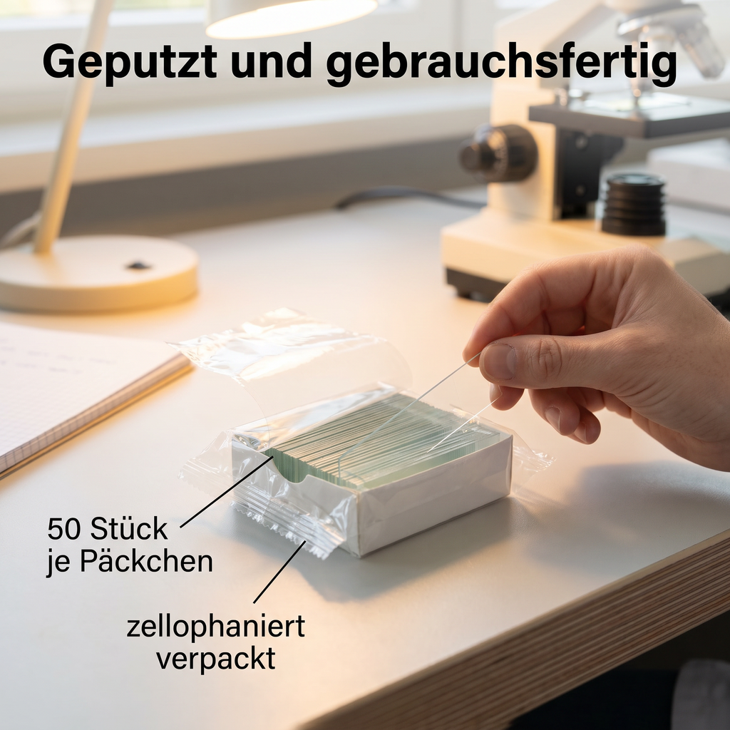 Objektträger, 50 Stück je Päckchen, zellophaniert verpackt