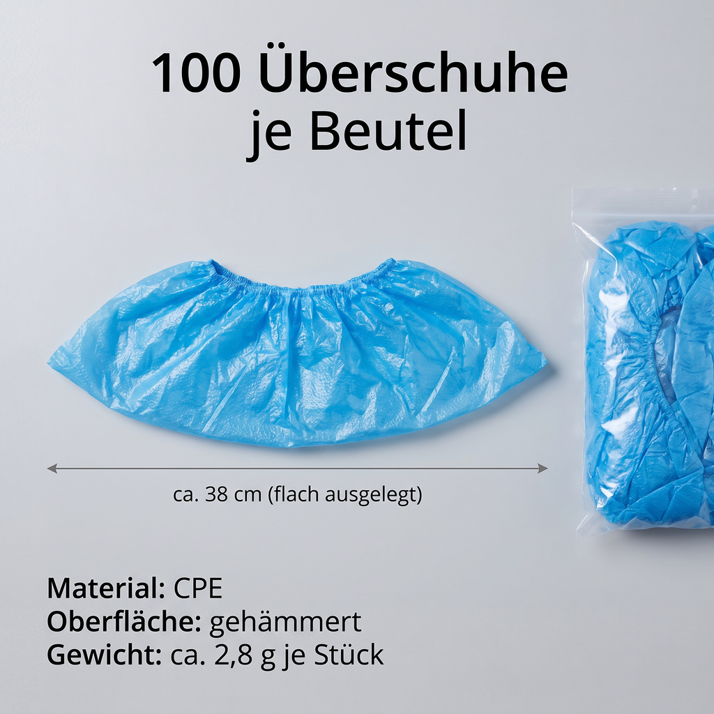Heinz Herenz CPE Überschuhe blau ca. 38 cm lang mit gehämmerter Oberfläche — CPE-Ueberschuh flach ausgelegt, ca. 38 cm