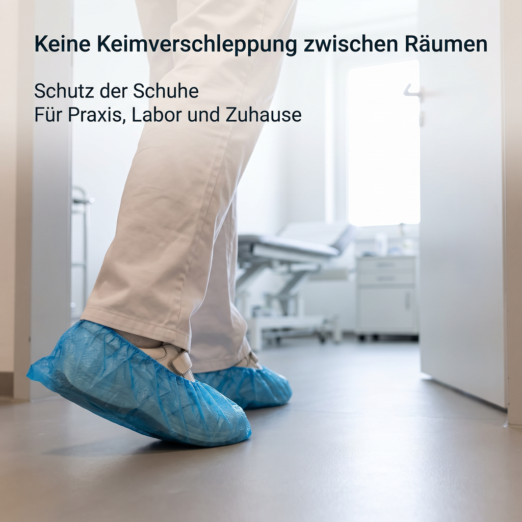 Heinz Herenz CPE Überschuhe blau ca. 38 cm lang mit gehämmerter Oberfläche — CPE-Ueberschuhe getragen ueber Arbeitsschuhen