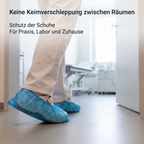 Heinz Herenz CPE Überschuhe blau ca. 38 cm lang mit gehämmerter Oberfläche — CPE-Ueberschuhe getragen ueber Arbeitsschuhen
