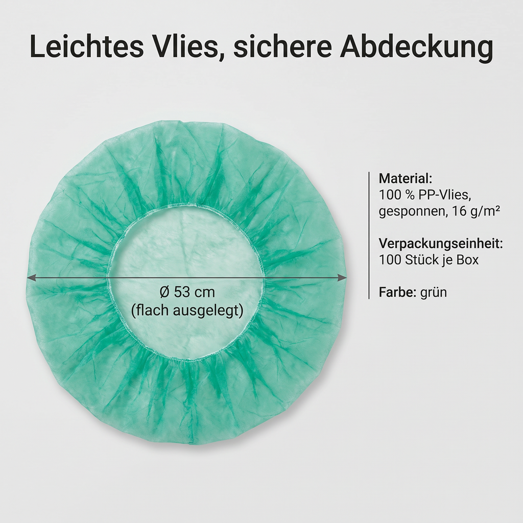 Heinz Herenz Bouffant Kappe aus atmungsaktivem Vliesstoff grün — Bouffant-Kappe flach ausgelegt, PP-Vlies 16 g/m2