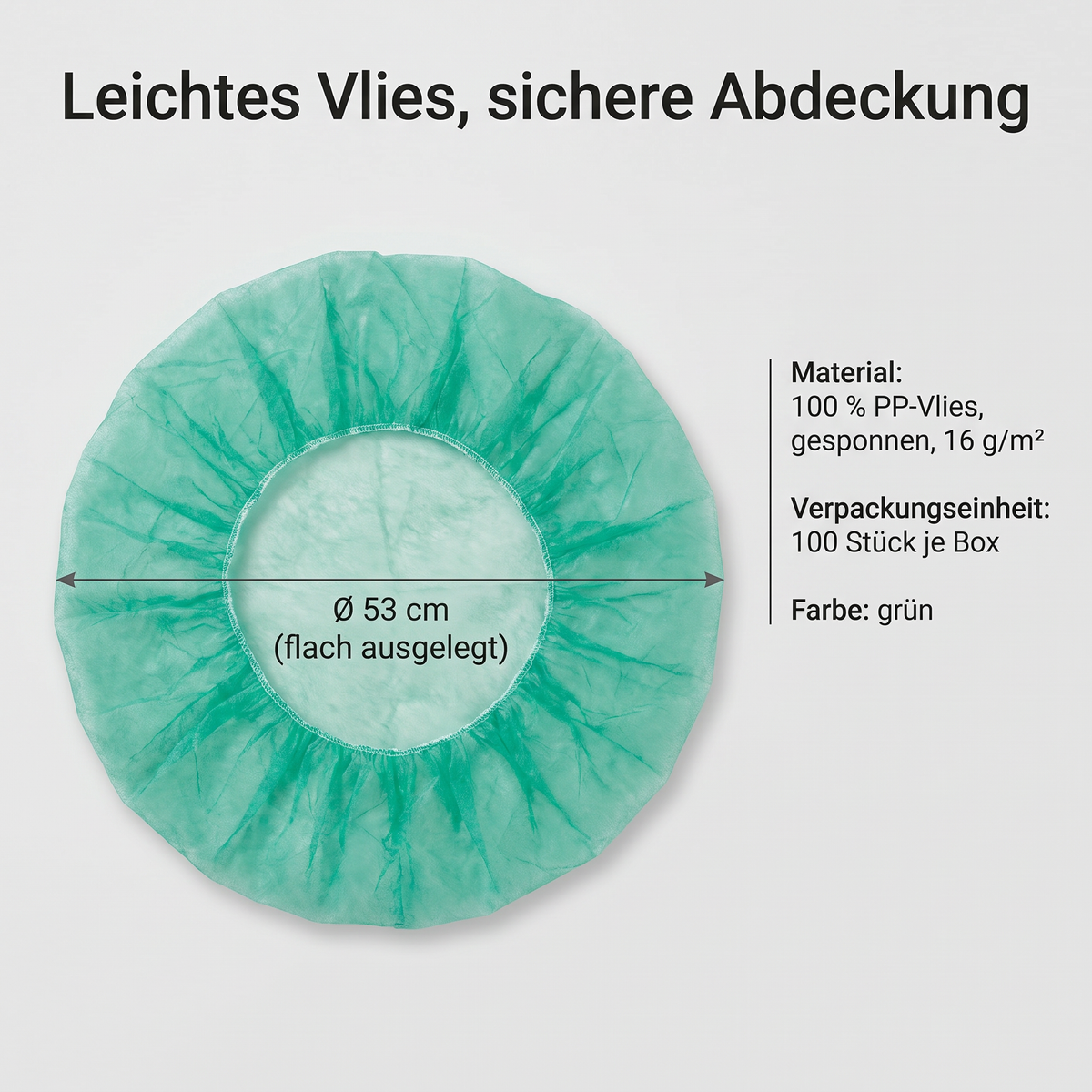 Heinz Herenz Bouffant Kappe aus atmungsaktivem Vliesstoff grün — Bouffant-Kappe flach ausgelegt, PP-Vlies 16 g/m2