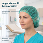 Heinz Herenz Bouffant Kappe aus atmungsaktivem Vliesstoff grün — Bouffant-Kappe mit latexfreiem Gummiband im Praxiseinsatz