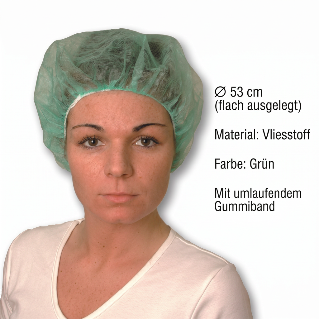 Heinz Herenz Bouffant Kappe aus atmungsaktivem Vliesstoff grün — Bouffant-Kappe gruen getragen, Durchmesser 53 cm