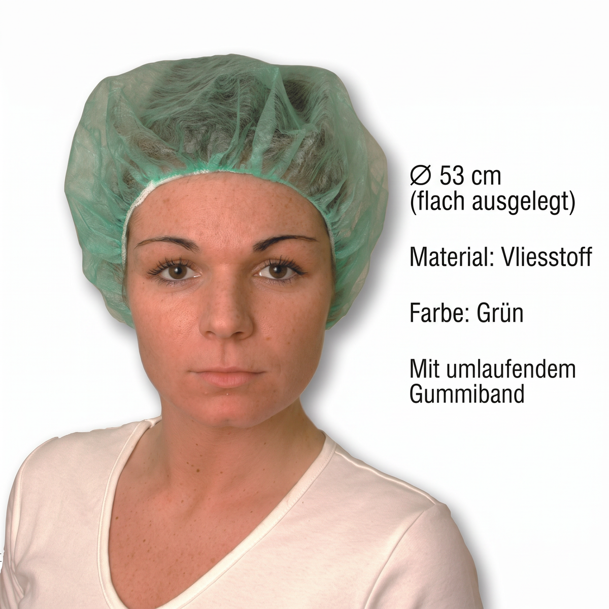Heinz Herenz Bouffant Kappe aus atmungsaktivem Vliesstoff grün — Bouffant-Kappe gruen getragen, Durchmesser 53 cm