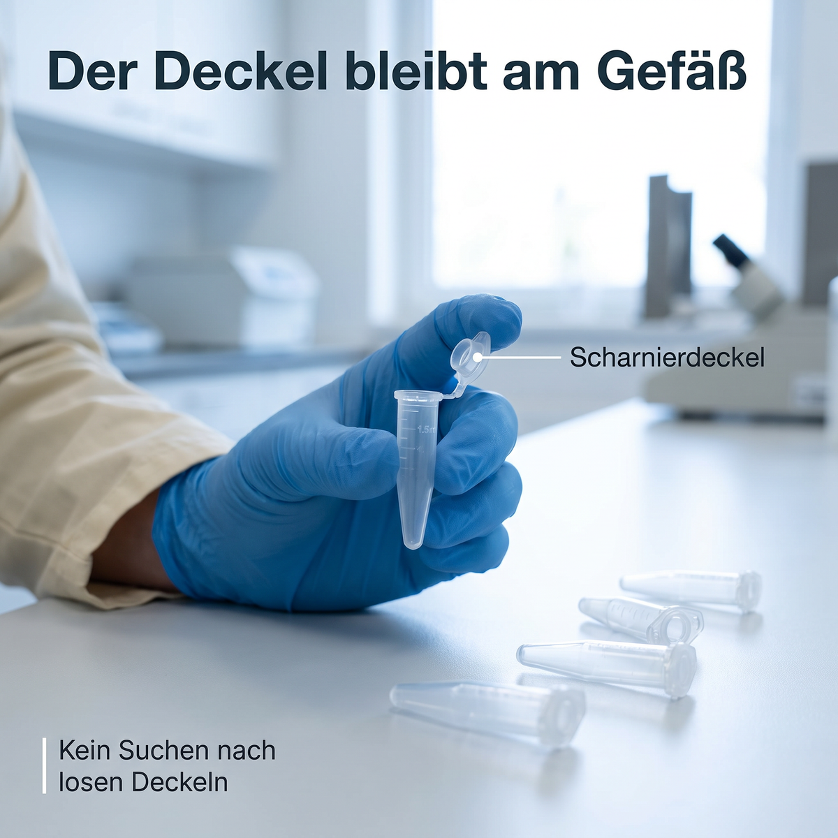 Heinz Herenz Reaktionsgefäße PP mit Deckel 1,5 ml — Reaktionsgefaess wird mit einer Hand geoeffnet