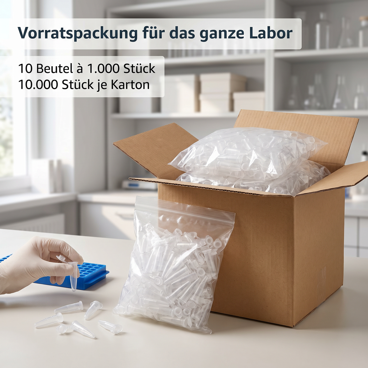 Heinz Herenz Reaktionsgefäße PP mit Deckel 1,5 ml — Vorratskarton: 10 Beutel a 1.000 Reaktionsgefaesse