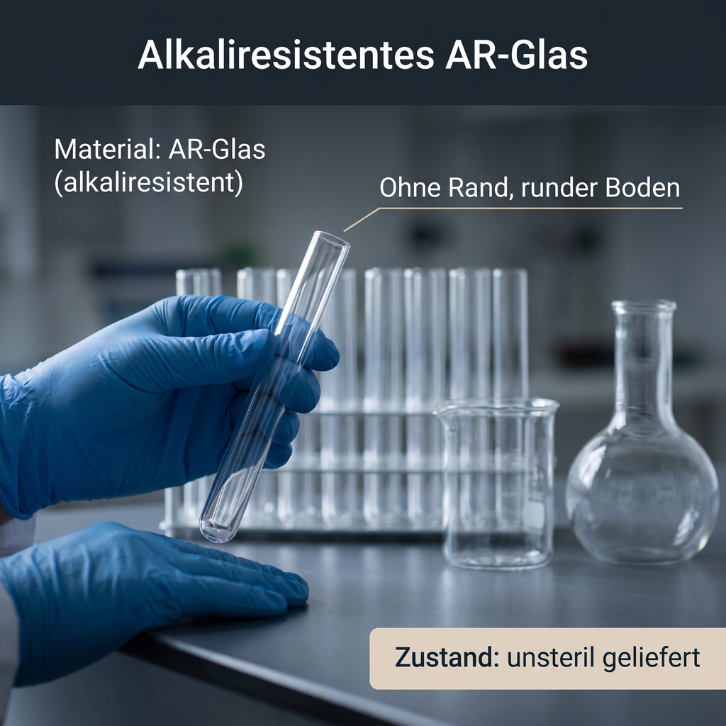 Reagenzglas R1 aus alkaliresistentem AR-Glas, ohne Rand, runder Boden