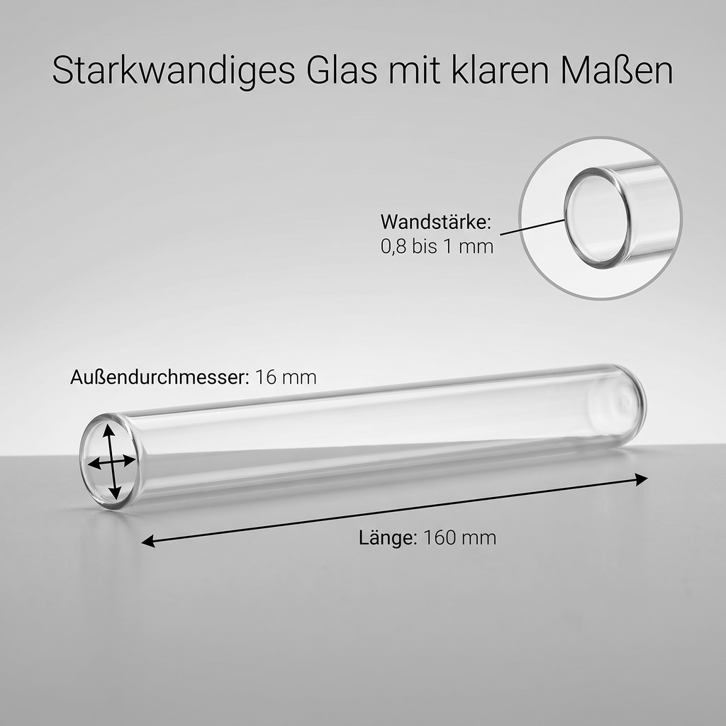 Reagenzglas R1: Länge 160 mm, Außendurchmesser 16 mm, Wandstärke 0,8 bis 1 mm