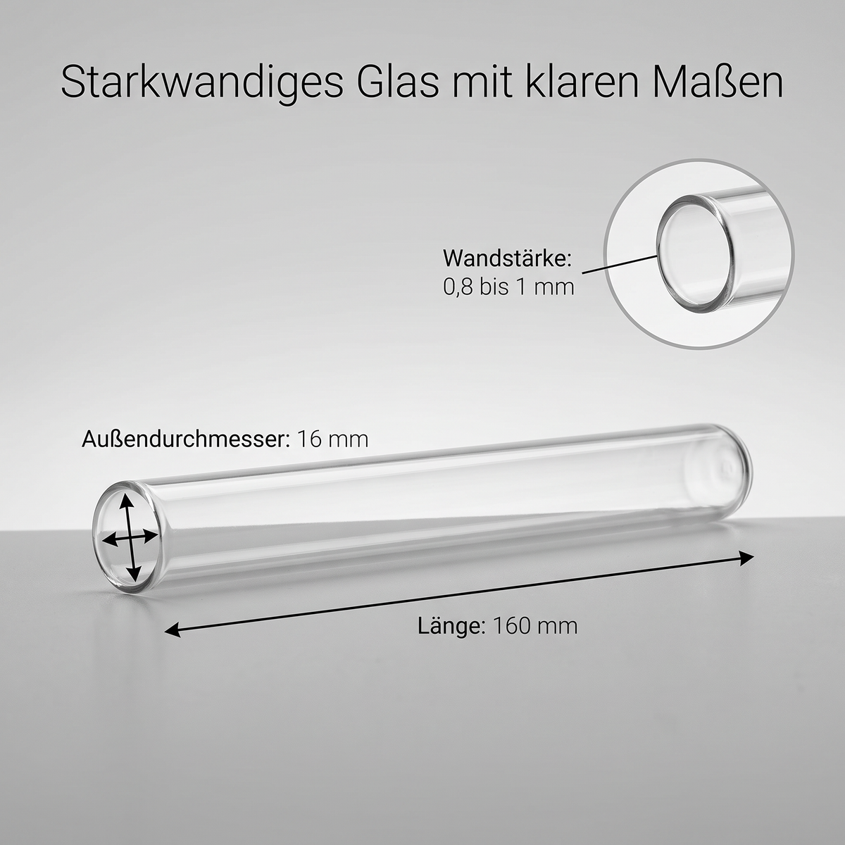 Reagenzglas R1: Länge 160 mm, Außendurchmesser 16 mm, Wandstärke 0,8 bis 1 mm