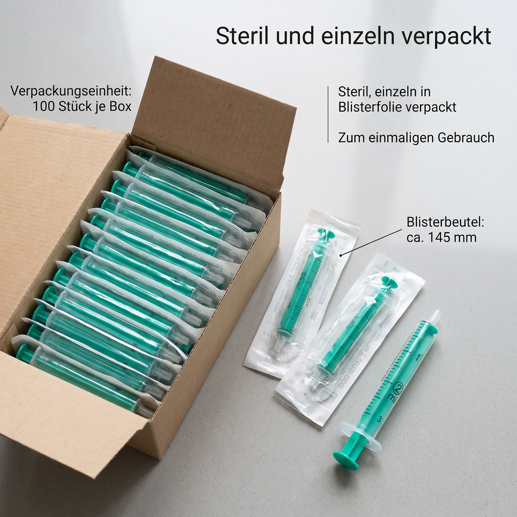 Einmalspritzen 2 ml, steril einzeln in Blisterfolie, 100 Stück je Box