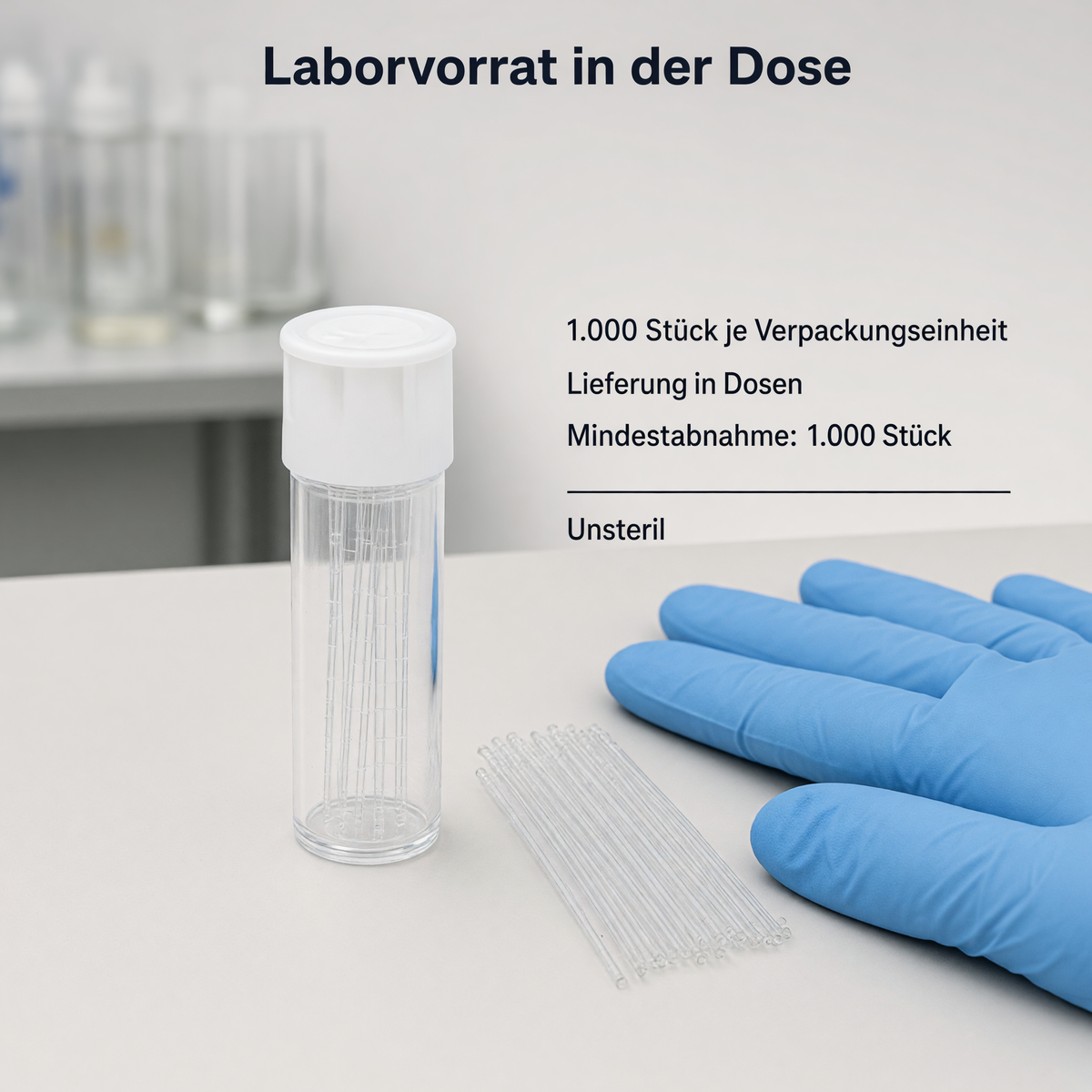 Heinz Herenz end-to-end-Kapillaren 20 Mikroliter — Dose mit 1.000 Kapillaren, Groessenvergleich zur Hand