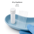 Heinz Herenz end-to-end-Kapillaren 20 Mikroliter — Kapillaren 30 mm neben der Vorratsdose