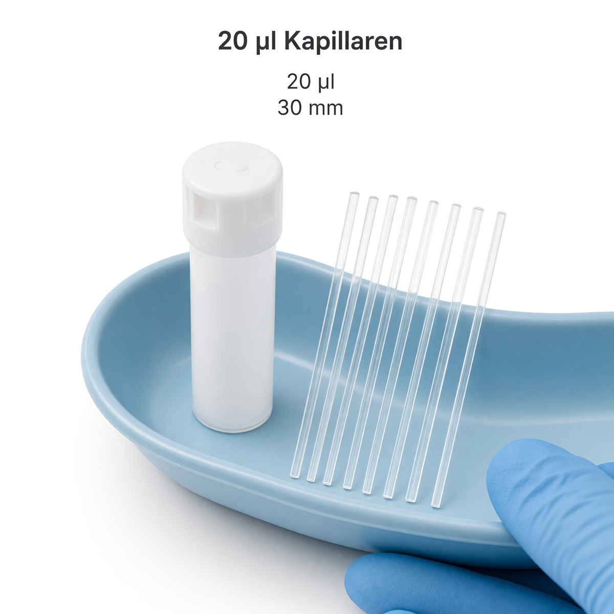 Heinz Herenz end-to-end-Kapillaren 20 Mikroliter — Kapillaren 30 mm neben der Vorratsdose