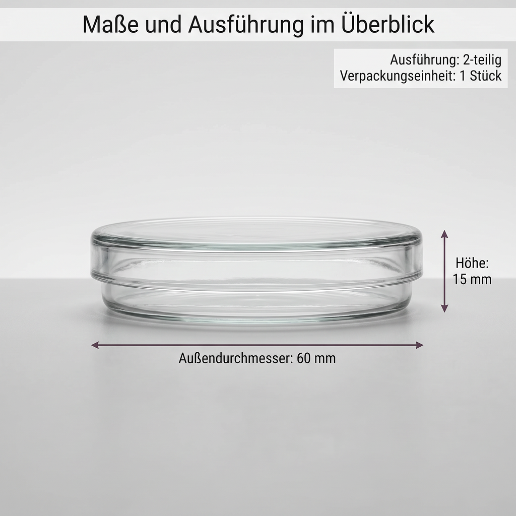 Petrischale Glas: Außendurchmesser 60 mm, Höhe 15 mm, 2-teilig
