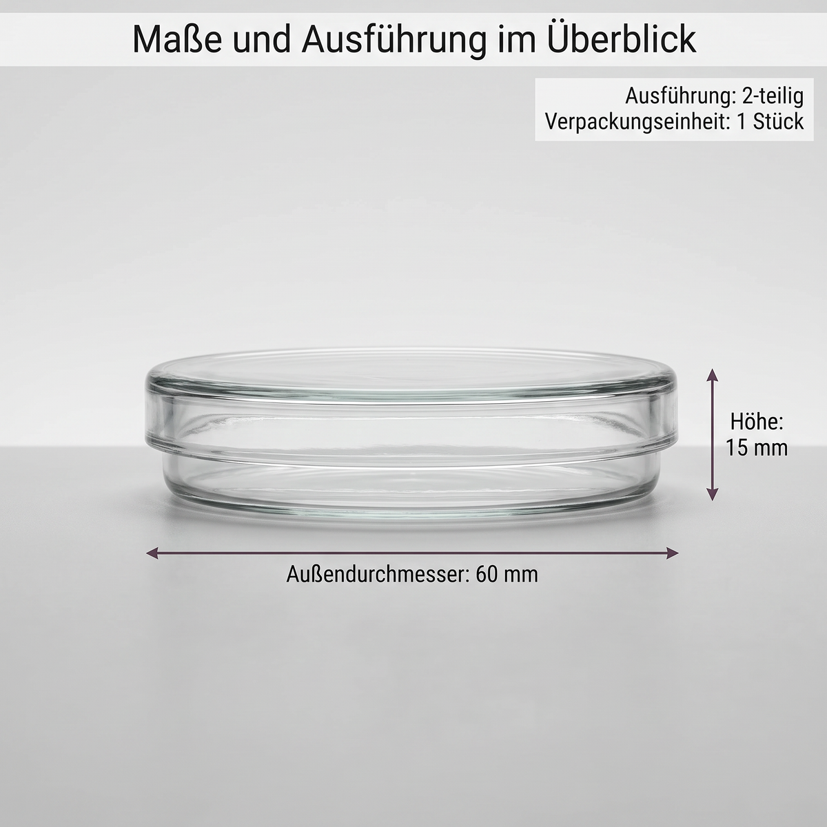 Petrischale Glas: Außendurchmesser 60 mm, Höhe 15 mm, 2-teilig