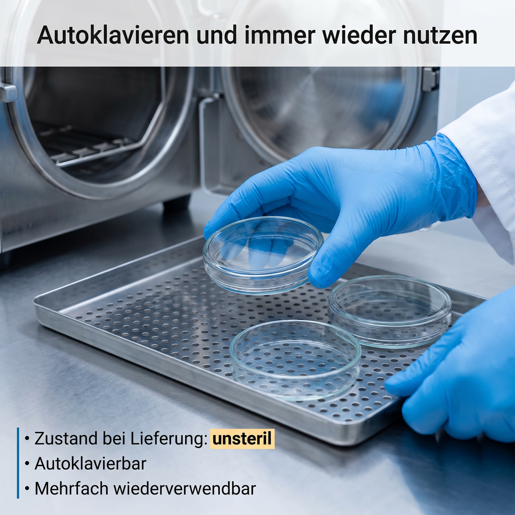 Petrischalen aus Glas im Autoklaven, unsteril geliefert, wiederverwendbar