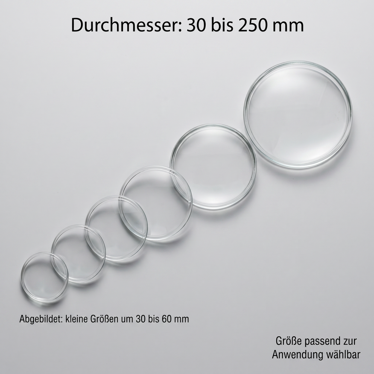 Uhrglasschalen Borosilikatglas in Durchmessern von 30 bis 250 mm