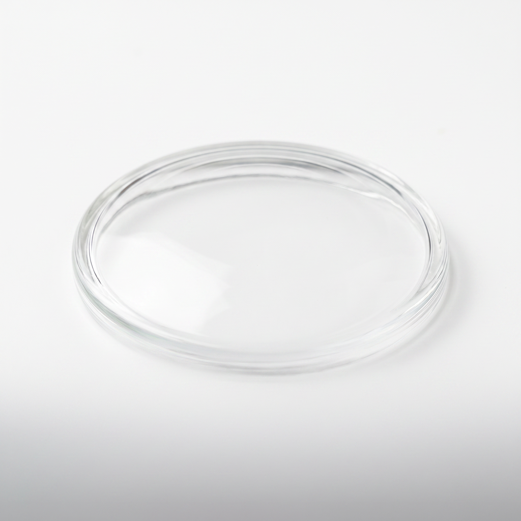 Heinz Herenz Uhrglasschale aus Borosilikatglas, gewölbt, gesäumter Rand