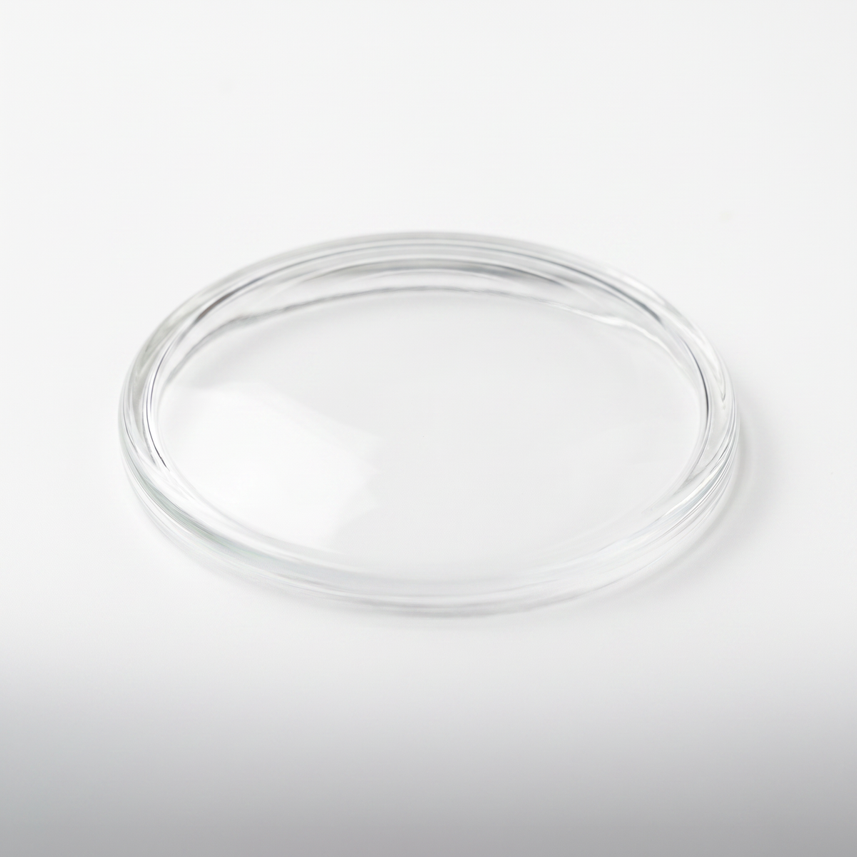 Heinz Herenz Uhrglasschale aus Borosilikatglas, gewölbt, gesäumter Rand