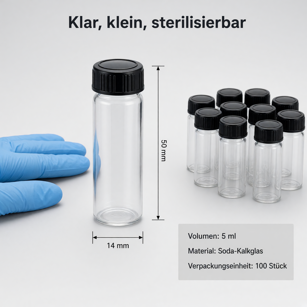 Heinz Herenz Praeparateglas 5 ml mit Kunststoff-Schraubkappe — Praeparateglas 5 ml, 50 x 14 mm, mit Groessenvergleich