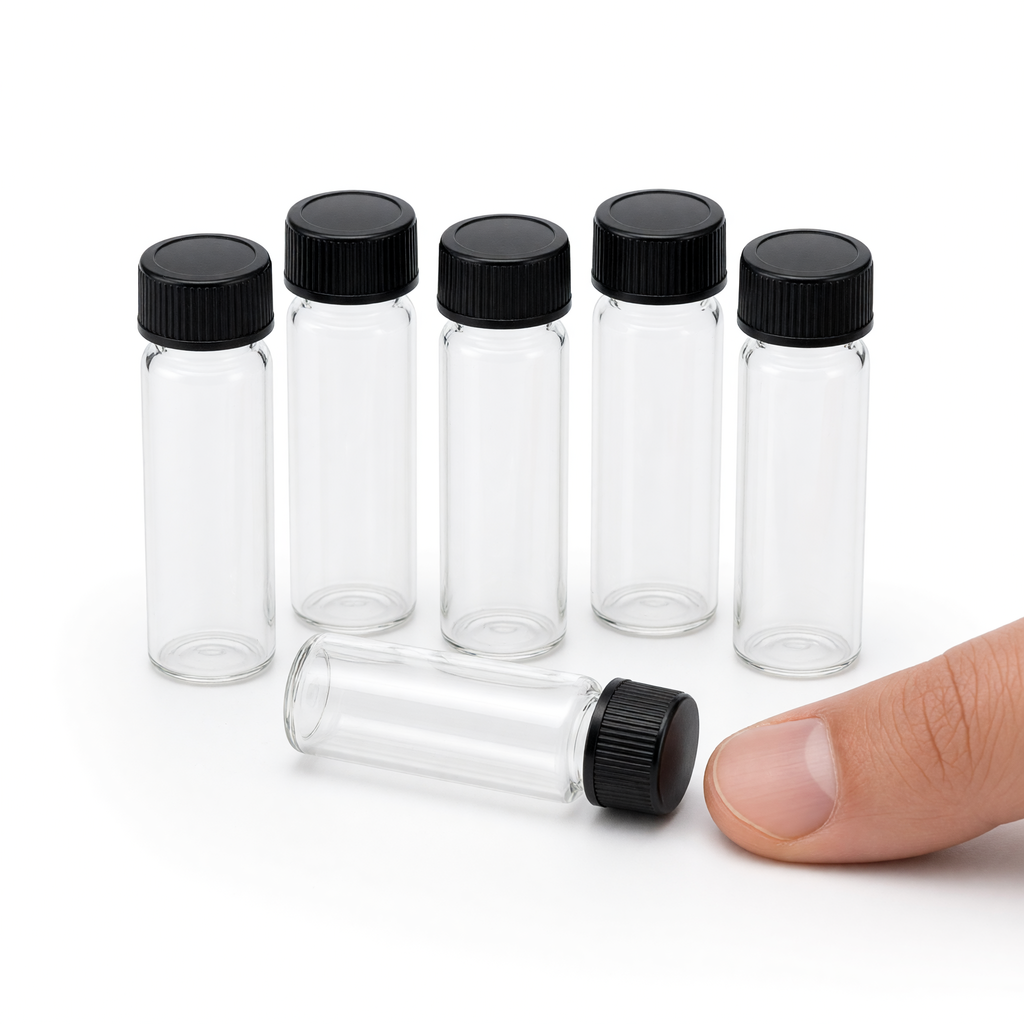 Heinz Herenz Praeparateglas 5 ml mit Kunststoff-Schraubkappe — Sechs Praeparateglaeser 5 ml mit schwarzer Schraubkappe